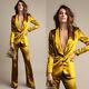 Satin Women's Suit Slim Fit Shawl Lapel Single Breasted Gold Party Ladies Outfit