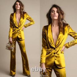 Satin Women's Suit Slim Fit Shawl Lapel Single Breasted Gold Party Ladies Outfit