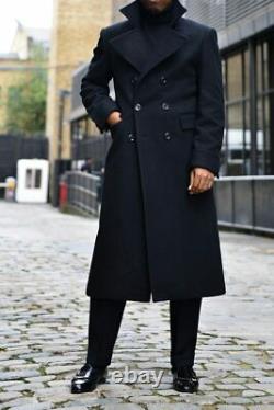 Thick Greatcoat Wool Men Suit Peaked Lapel Outfit One Piece Long Overcoat Jacket