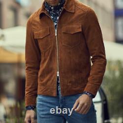 Trendy Outfit Men's Sheepskin Suede Leather Jacket Biker TAN Zip Up Premium Coat