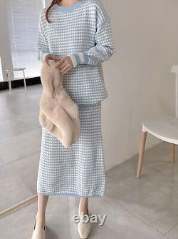 Tweed cashmere knitted sweater jumper skirt suit set outfit blue black beige
