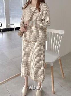 Tweed cashmere knitted sweater jumper skirt suit set outfit blue black beige
