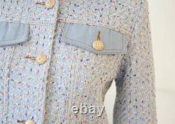 Tweed gold multicolor plaid skirt blazer jacket suit outfit set cream white blue