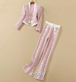 Tweed plaid pink lux tailored pants trousers jacket blazer suit set outfit 2