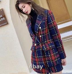 Tweed plaid red navy gold shorts double jacket blazer suit set outfit