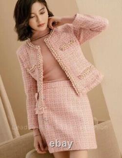 Tweed plaid runway chic tailored pearl gold blazer jacket skirt suit outfit set