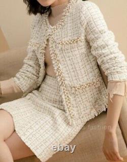 Tweed plaid runway chic tailored pearl gold blazer jacket skirt suit outfit set