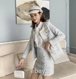 Tweed plaid tailored chic gold skirt blazer jacket suit outfit set cream blue