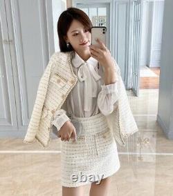 Tweed plaid tailored chic lapel gold skirt blazer jacket suit outfit set cream