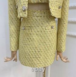 Tweed plaid yellow silver rhinestone top blazer jacket skirt outfit suit set 3