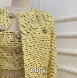 Tweed plaid yellow silver rhinestone top blazer jacket skirt outfit suit set 3