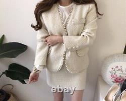 Tweed twill tailored chic pearl skirt blazer jacket suit outfit set cream white
