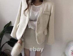 Tweed twill tailored chic pearl skirt blazer jacket suit outfit set cream white