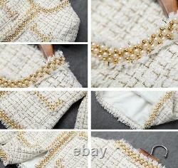 White cream tweed plaid gold pearl tailored skirt blazer jacket outfit suit set