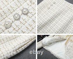 White cream tweed plaid gold pearl tailored skirt blazer jacket outfit suit set