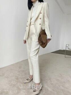 White gold plaid fringe pants trousers double breasted blazer jacket suit outfit