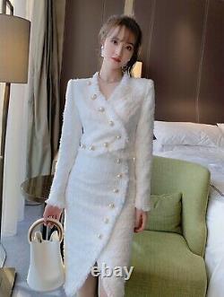 White tweed fringed tassel gold pearl button skirt jacket suit set outfit