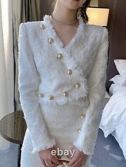 White tweed fringed tassel gold pearl button skirt jacket suit set outfit