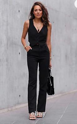 Women Black Pant Suit Waist Coat Cotton Vest Casual Summer Outfit Formal Suit