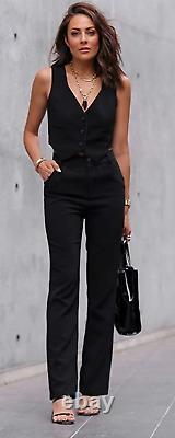 Women Black Pant Suit Waist Coat Cotton Vest Casual Summer Outfit Formal Suit