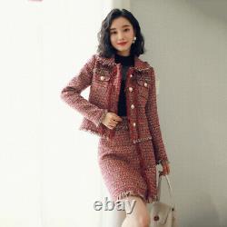 Women Designer Outfit Woolen Tweed Coat Jackets A Line High Waist Skirt 2Pcs Set