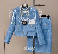Women Suit Jacket Coat Skirt Two Piece Set Outfit Double Breasted Office Party
