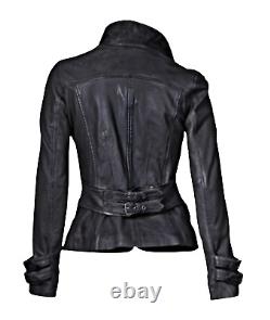 Women's Black Leather Jacket Real Lambskin Moto Biker Jacket Blazer Coat Outfit