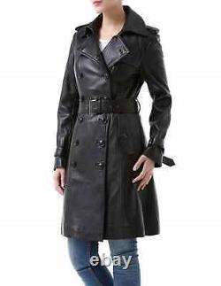 Women's Black Leather celebrity trench coat outfit leather Coat LC 008
