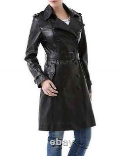 Women's Black Leather celebrity trench coat outfit leather Coat LC 008