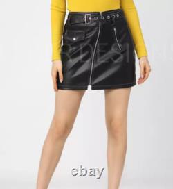 Women's Fashion Genuine Lambskin leather Solid A-line Black Mini Skirt Outfit UK
