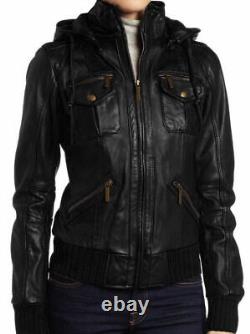 Women's Genuine Lambskin Leather Hooded Bomber Jacket Detachable Hoodie Black