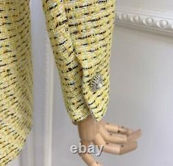 Yellow tweed plaid silver rhinestone top blazer jacket skirt outfit suit set 3