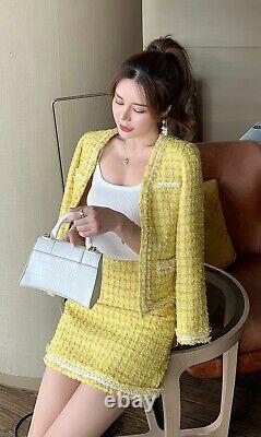Yellow white plaid tweed fringe skirt jacket blazer suit set outfit chic