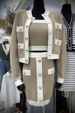 Beige Blanc Tweed Tricot Or Bouton Jupe Top Veste Ensemble Costume Tenue 3 Pc Lux