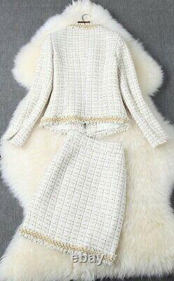 Blanc Crème Tweed Plaqué Or Perle Jupe Sur Mesure Blazer Veste Costume Ensemble
