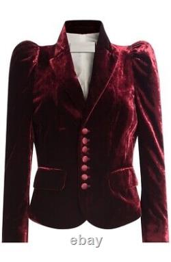 Blazer rouge personnalisé pour femme en velours avec manches bouffantes pour tenue de fête de Noël et du Nouvel An.