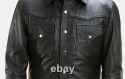 Chemise en cuir noir pour homme - Véritable chemise en peau d'agneau pour homme