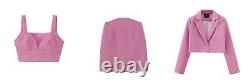 Chic Bonbon Rose Tweed Soutien-gorge Bustier Top Jupe Veste Blazer 3 Pc Costume Ensemble Tenue