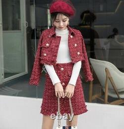 Chic Classique En Or Rouge Tweed Twill Plaid Jupe Veste Blazer Costume Ensemble Tenue 2 Pc