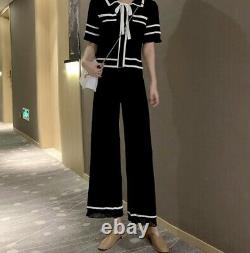 Chic Classique Noir Blanc Tricot Pantalon Pantalon Haut Pull Veste Costume Ensemble Tenue