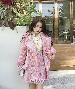 Chic Lux Cachemire Perle Rose Tweed Jupe Blazer Veste Costume Costume Ensemble 2