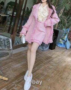 Chic Lux Cachemire Perle Rose Tweed Jupe Blazer Veste Costume Costume Ensemble 2