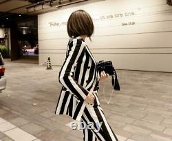 Chic Noir Blanc Stripe Pantalon Sur Mesure Pantalon Blazer Veste Costume Ensemble