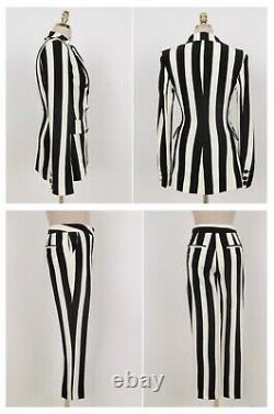 Chic Noir Blanc Stripe Pantalon Sur Mesure Pantalon Blazer Veste Costume Ensemble