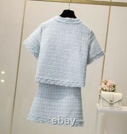 Chic Tweed Or Veste À Manches Courtes Blazer Jupe Costume Ensemble Tenue Blanc Bleu Rose