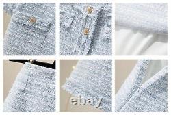 Chic Tweed Or Veste À Manches Courtes Blazer Jupe Costume Ensemble Tenue Blanc Bleu Rose