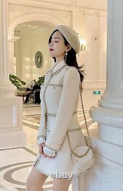Classic Chic Blanc Noir Perle Tweed Jupe Blazer Veste Costume Ensemble