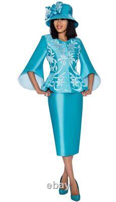 Costume sur mesure en satin bleu brodé pour mariage ou tenue d'église pour femme, comprenant une veste et une jupe.