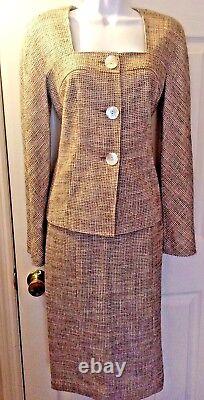 Ensemble de tailleur jupe et veste LAFAYETTE 148 en tweed lin beige taupe, taille 2.