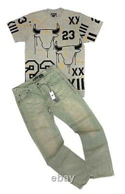 Homme 2pc Le 23 Bull Casual Outfit Ripped Graphic Shirt+denim Jeans Pantalons Set